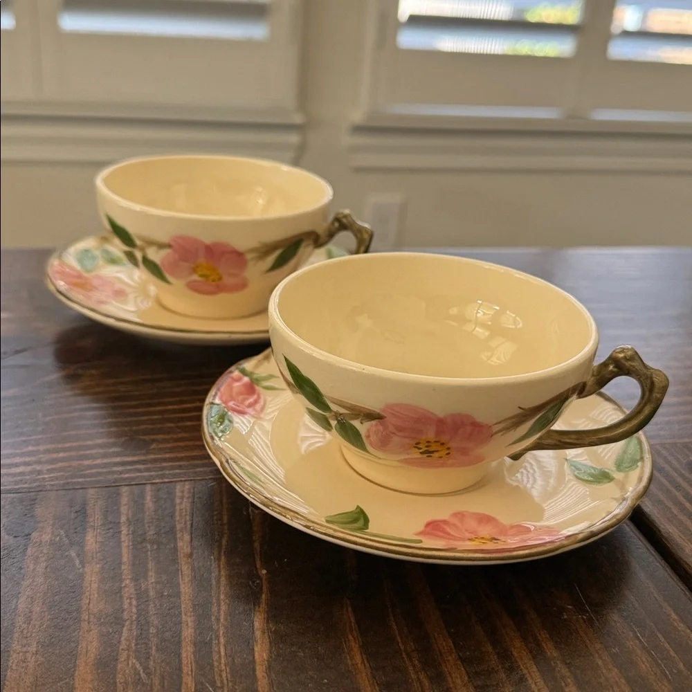 Franciscan Blossom Cups and Saucers with Pink and Green Design